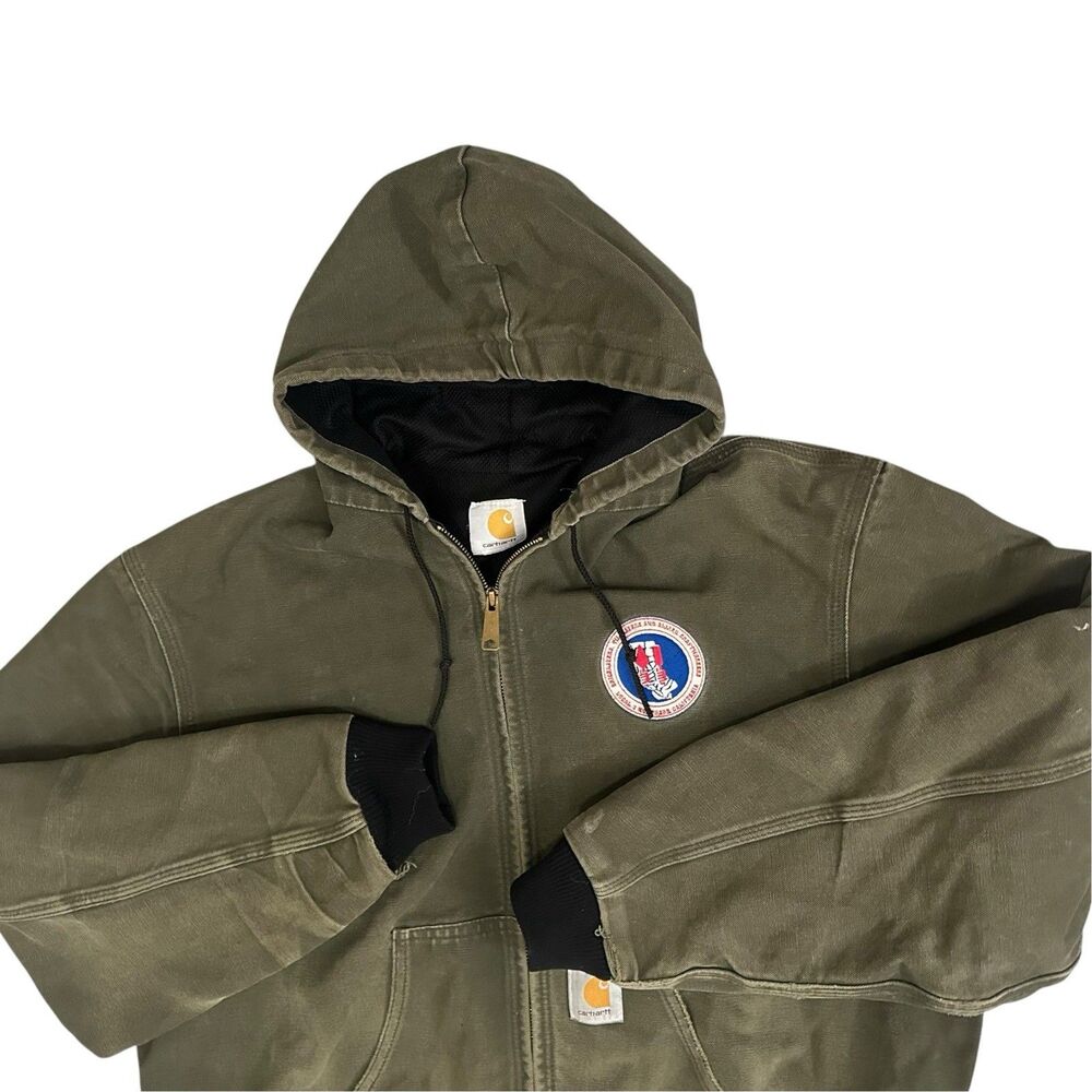 VTG Carhartt Jacket J130? Size L? Duck Canvas Hooded Moss Green Bricklayer Union
